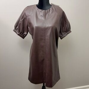 Evereve Danna Faux Leather Dress Womens Medium Chocolate Brown Puff Sleeve Shift